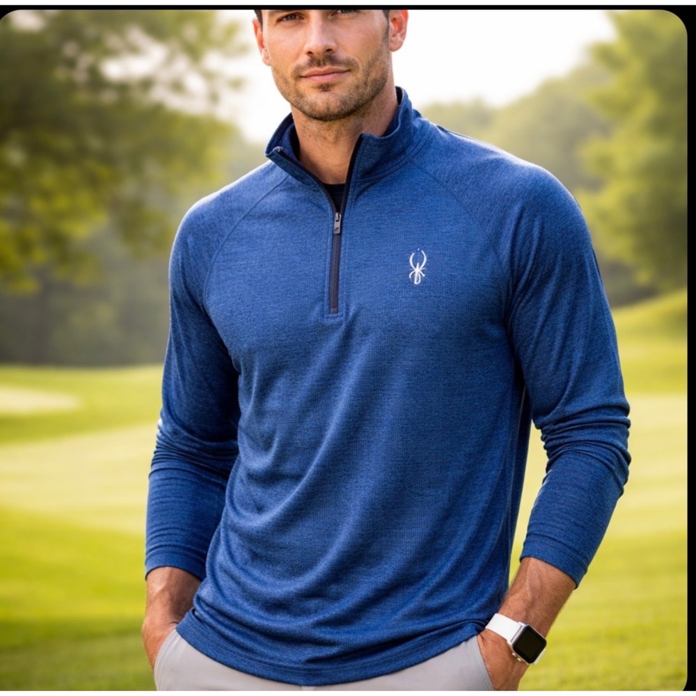 Spyder Active Mens Blue Heathered‎ Grid Quarter Zip Pullover Performance Top L